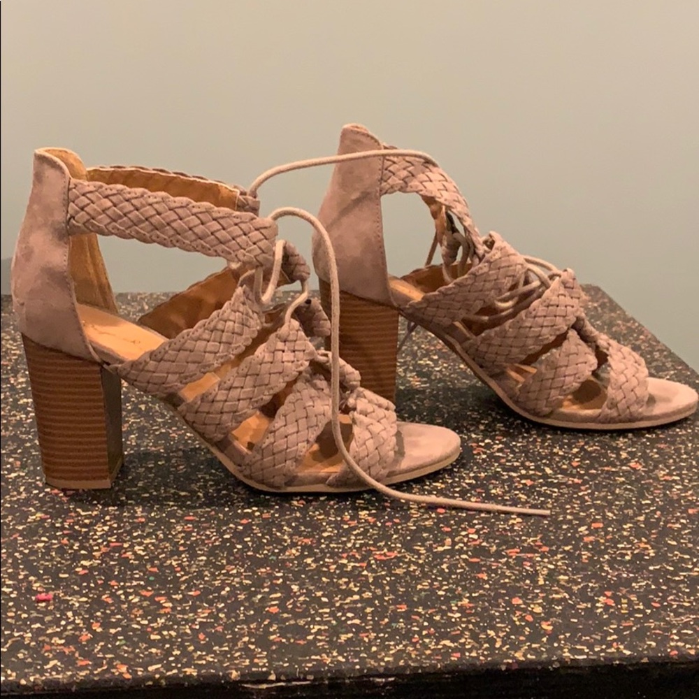 Qupid Taupe Lace Up Sandal Heels